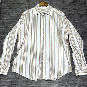 Guess Button Up Dress Shirt Men's XL White Brown Striped Long Sleeve